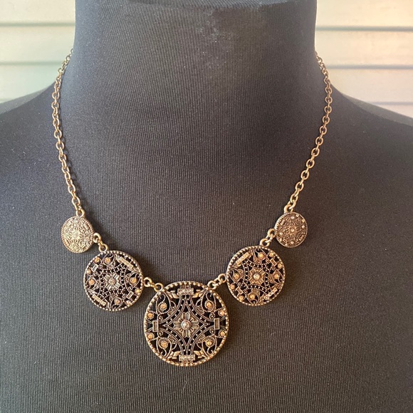 Brassy Brushed Gold Circular Disc Bling Necklace - Picture 1 of 5